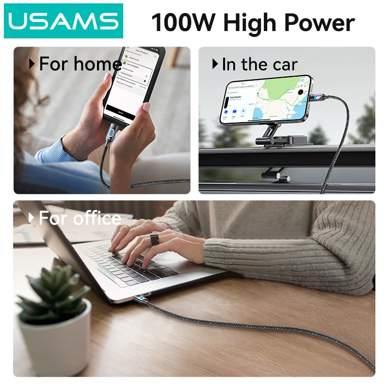 USAMS 100W USB C Cable for iPhone 16 15 Pro Max Fast Charging Cable For Samsung Xiaomi Huawei Mac Type C Data Charging Cable