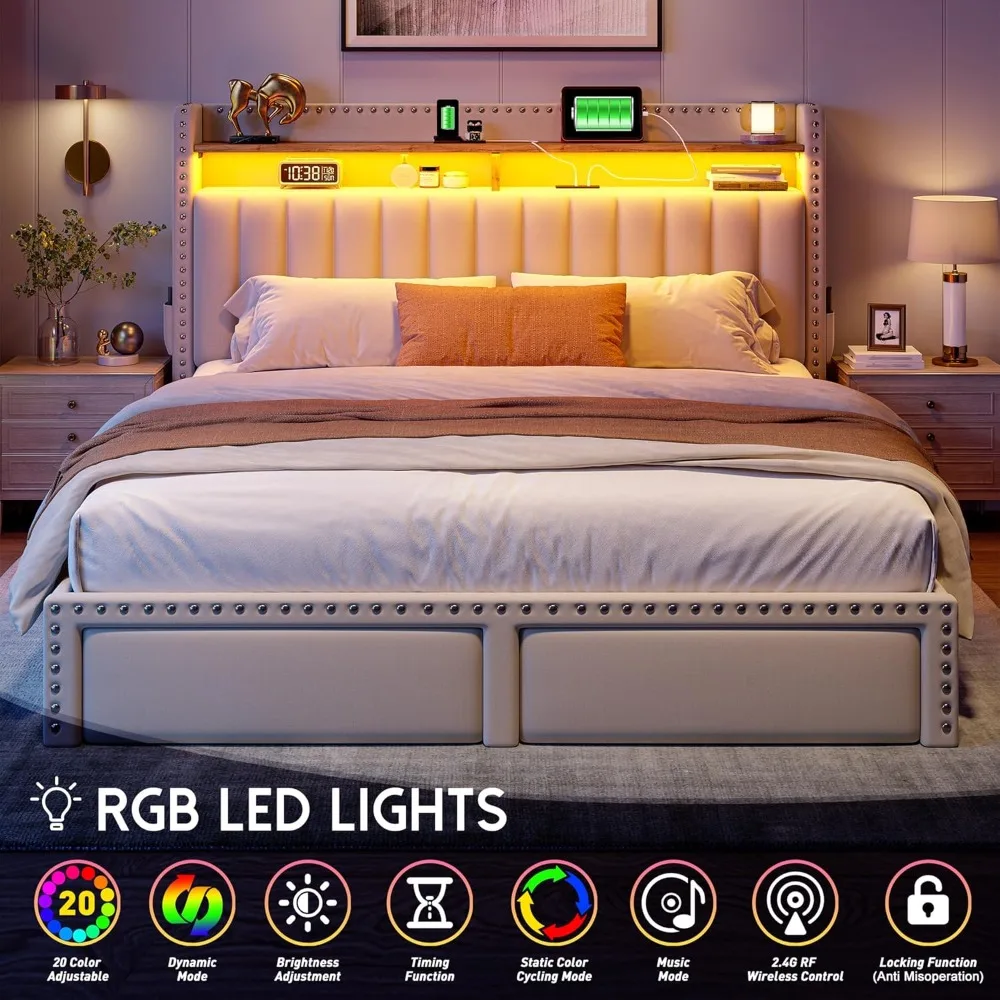 إطار سرير تخزين منجد بحجم كينج مع أضواء LED ومحطة شحن، سرير بمنصة خشبية قوية