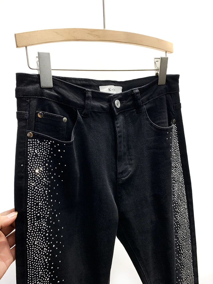 Fashion Heavy Rhinestone Black Jeans for Men 2025 Trendy Casual Stretch Pants High-end Slim Fit Skinny Pants