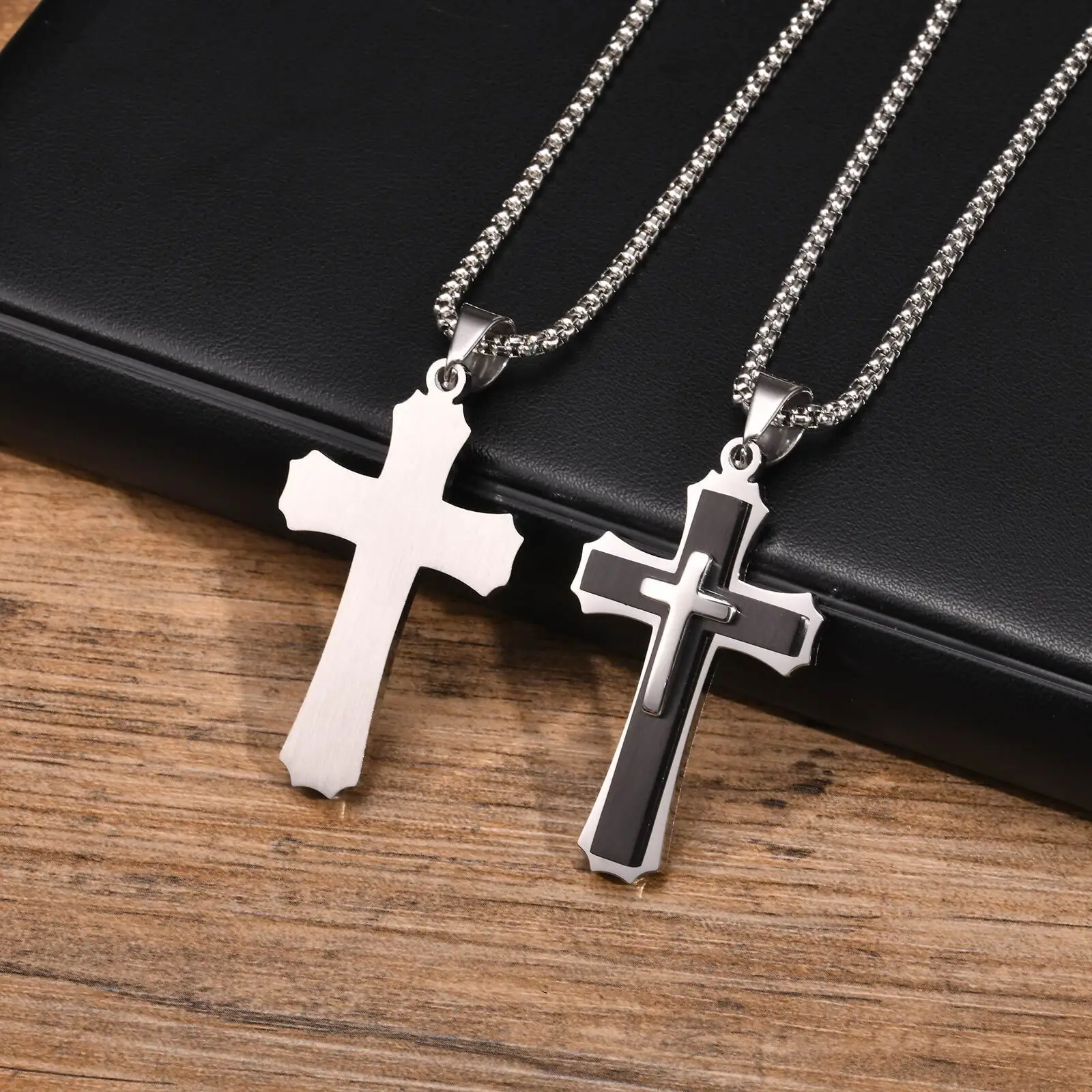 Vnox Chunky Three Layered Cross Necklaces for Men, Black Silver Color Stainless Steel Bold Faith Cross Pendant,Hip Hop Necklace