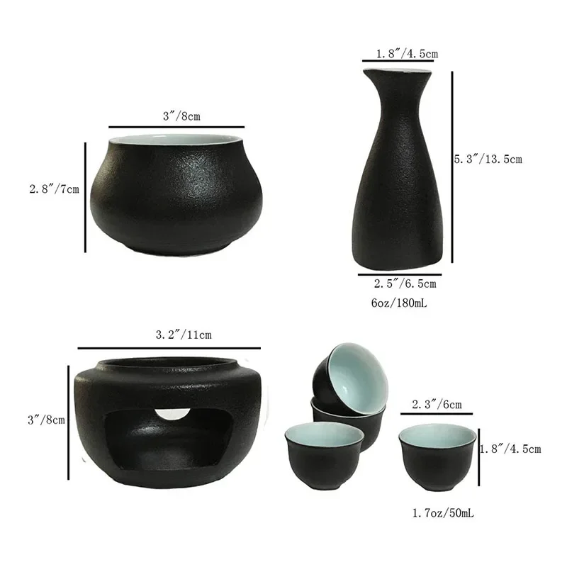 Ceramic Sake Set with Warmer Include 1pc Sake Bottle, 4pc Sake Cups, 1pc Warmer Cup, 1pc Candle Heating Stove