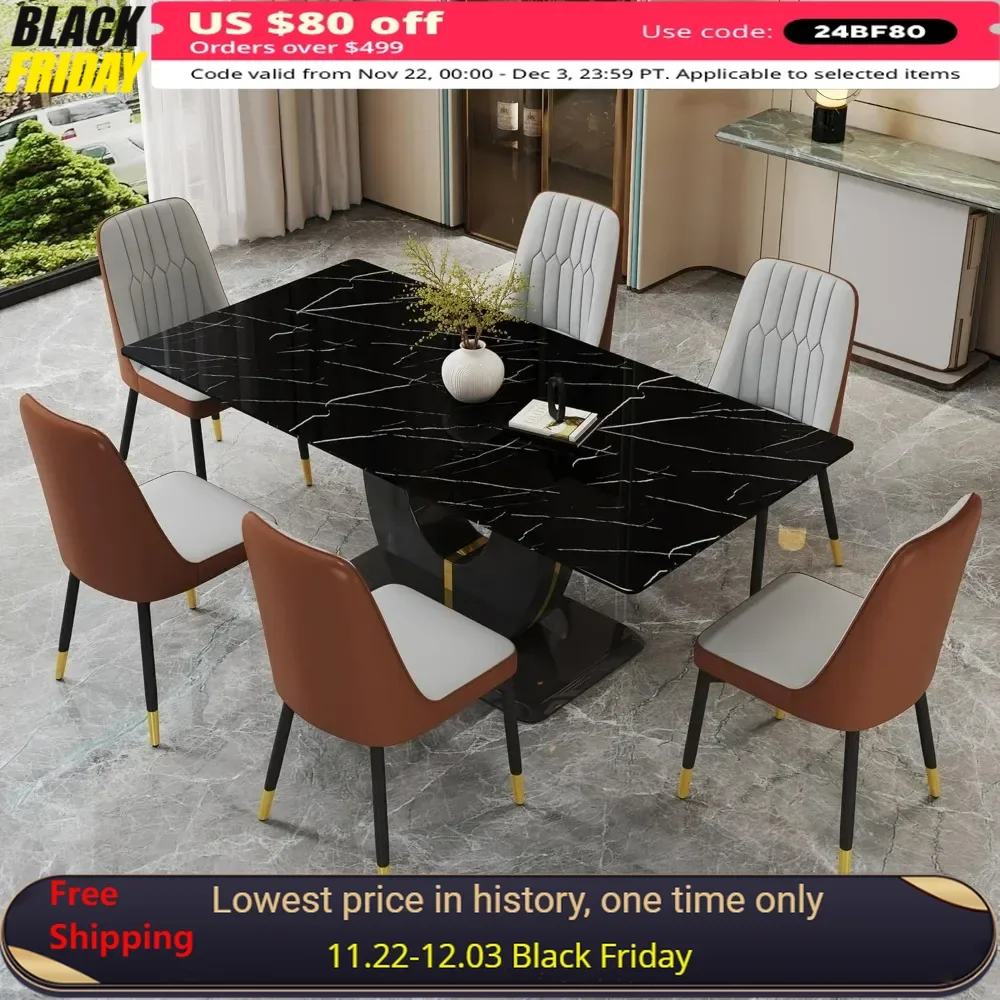 

Dining Table Sets ,Faux Marble Dinings Tables Set, Kitchen Tables Chairs 6 PU Leather Upholstered Chairs, Dining Room Table Set