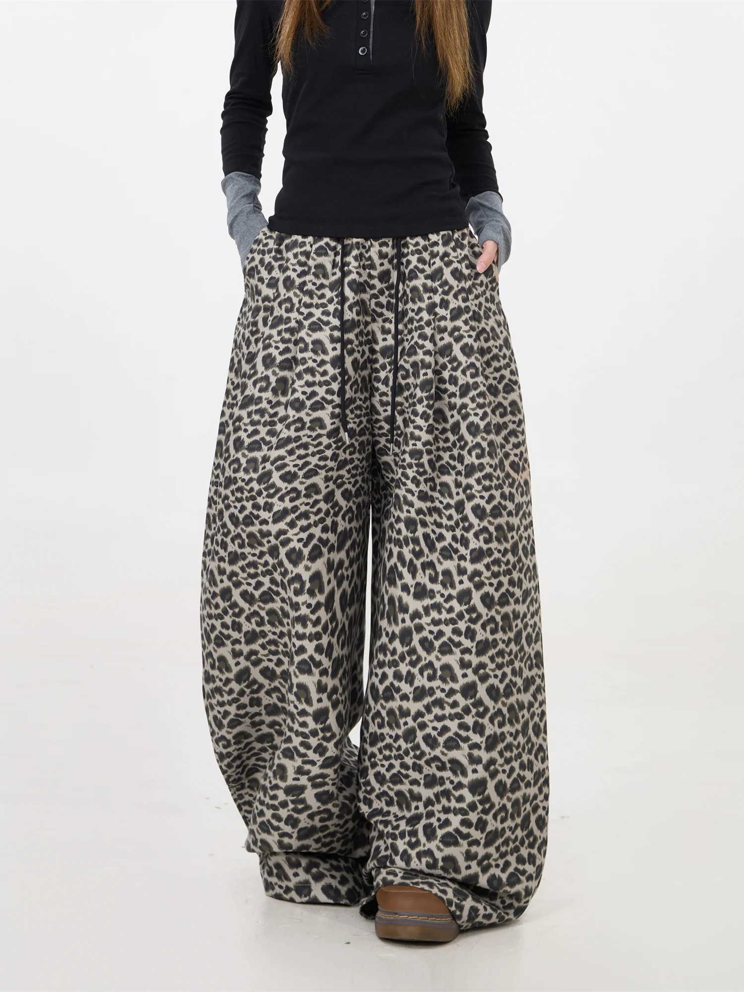 American Style Leopard Print Wide Leg Pants Women's Drawstring Floor-Length Casual Trousers Hip Hop Street Dance Pants