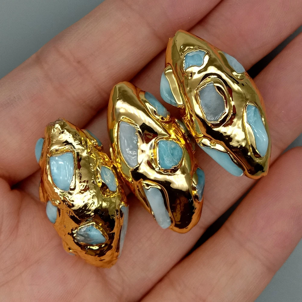 10 Pcs 16x33mm Natural Blue jasper pave rice shape Metal Plated  Loose Beads Finding Jewelry Making