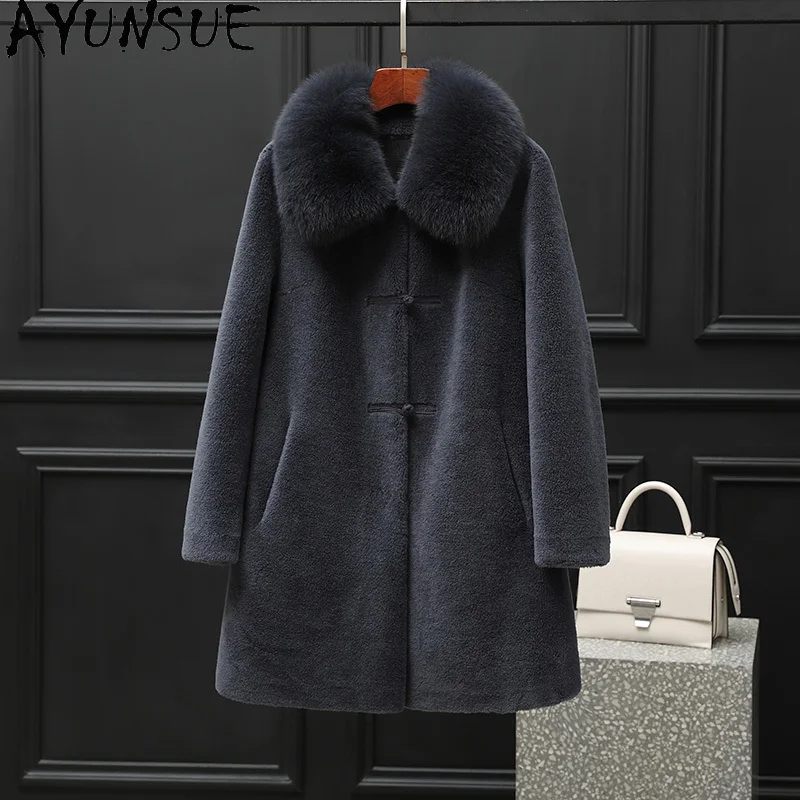 معطف صوف 100% من AYUNSUE للنساء 2025 سترة شيرلينغ من الأغنام الحقيقية بياقة من فرو الثعلب ملابس شتوية للسيدات من الفرو المركب palzt Жengarško