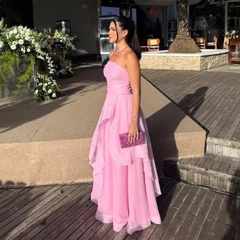 Customized Prom Strapless Dress Ruffles Birthday Outfit Pink Gala Dresses for Women Vestidos De Fiesta Elegantes
