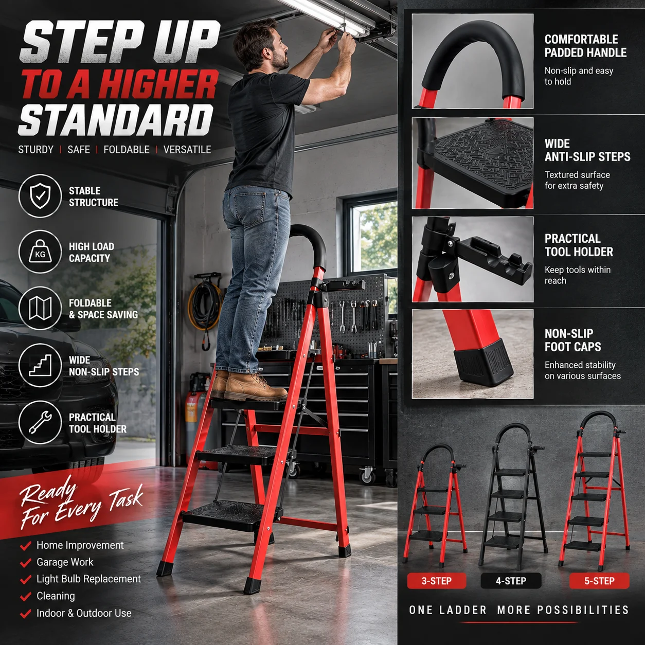 Step Folding Ladder with Padded Handrail Heavy Duty Steel Step Stool Wide Anti Slip Pedals Tool Holder Safety Lock Portable Space Saving Ladder for Home Kitchen Garage Office Warehouse Indoor Outdoor Household DIY Cleaning Painting Decorating
