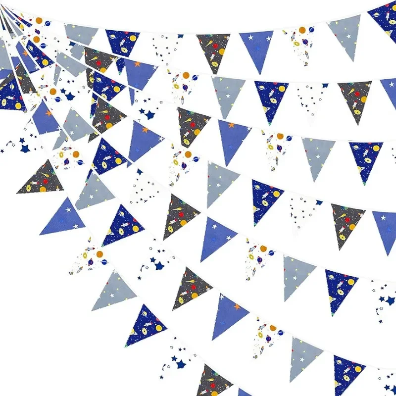 Blue Space Party Fabic Triangle Banners Decorations Solar System Hanging Outer Space Kids Room Classroom Planet Streamers Decor