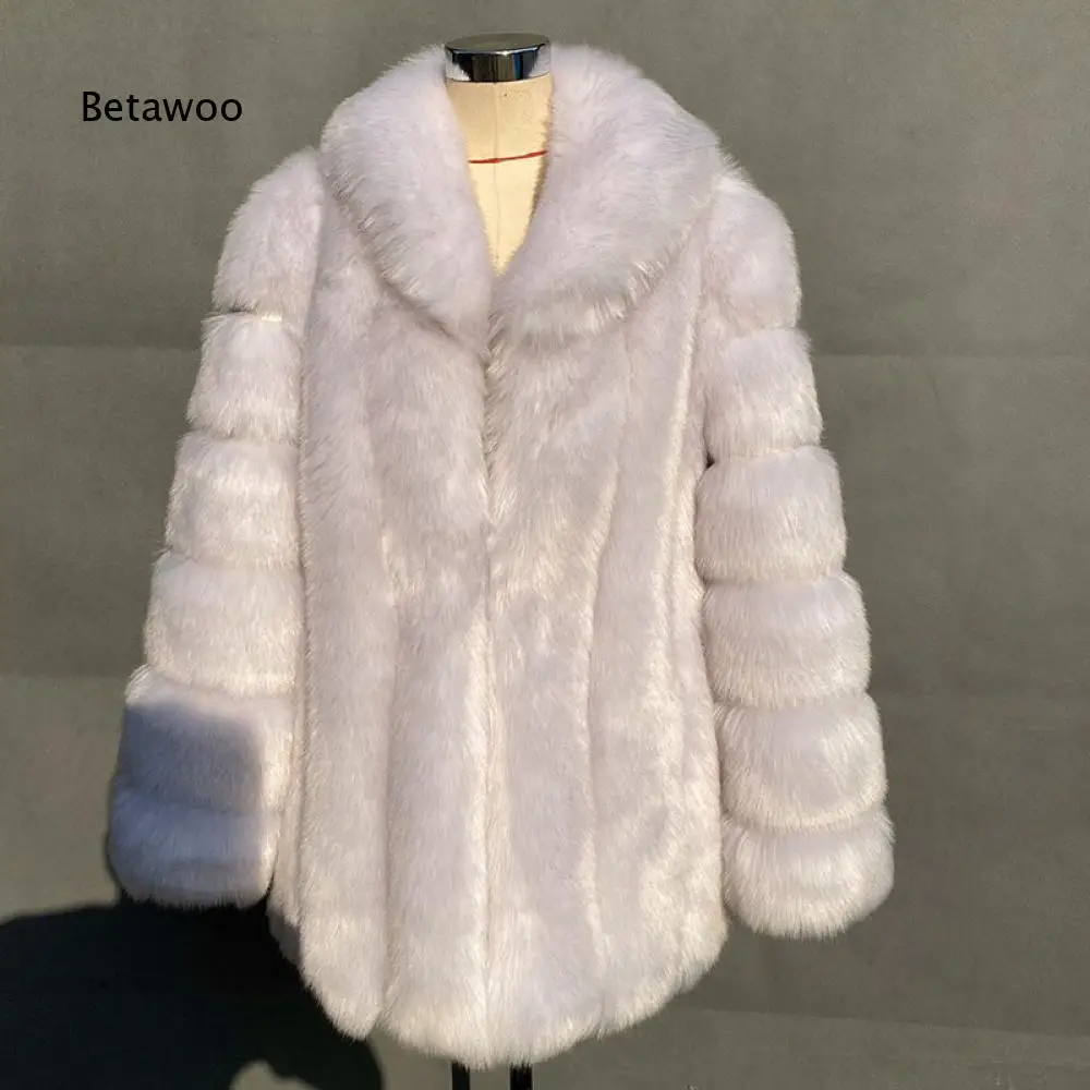 Shawl Collar Long Sleeve White Faux Fur Mid Coat for Women Thick Fluffy Plush Outerwear for Evening Party and Daily Going Out