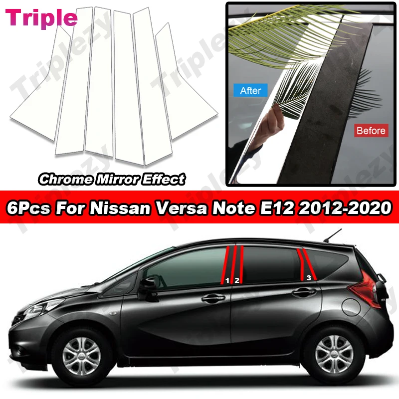 6Pcs Glossy Chrome Window Door Column B C Pillar Post Cover Trim For Nissan Versa Note E12 2012-2020 PC Material Decoration