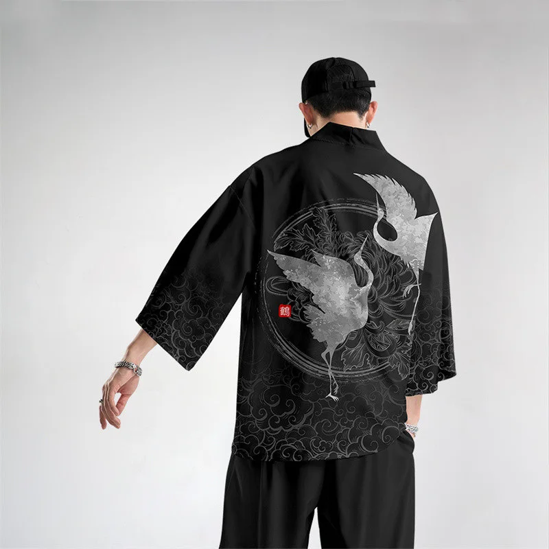 

Samurai Crane Japanese Style Kimono Haori Men Women Cardigan Chinese Dragon Traditional Japanese Clothing Asian Clothes