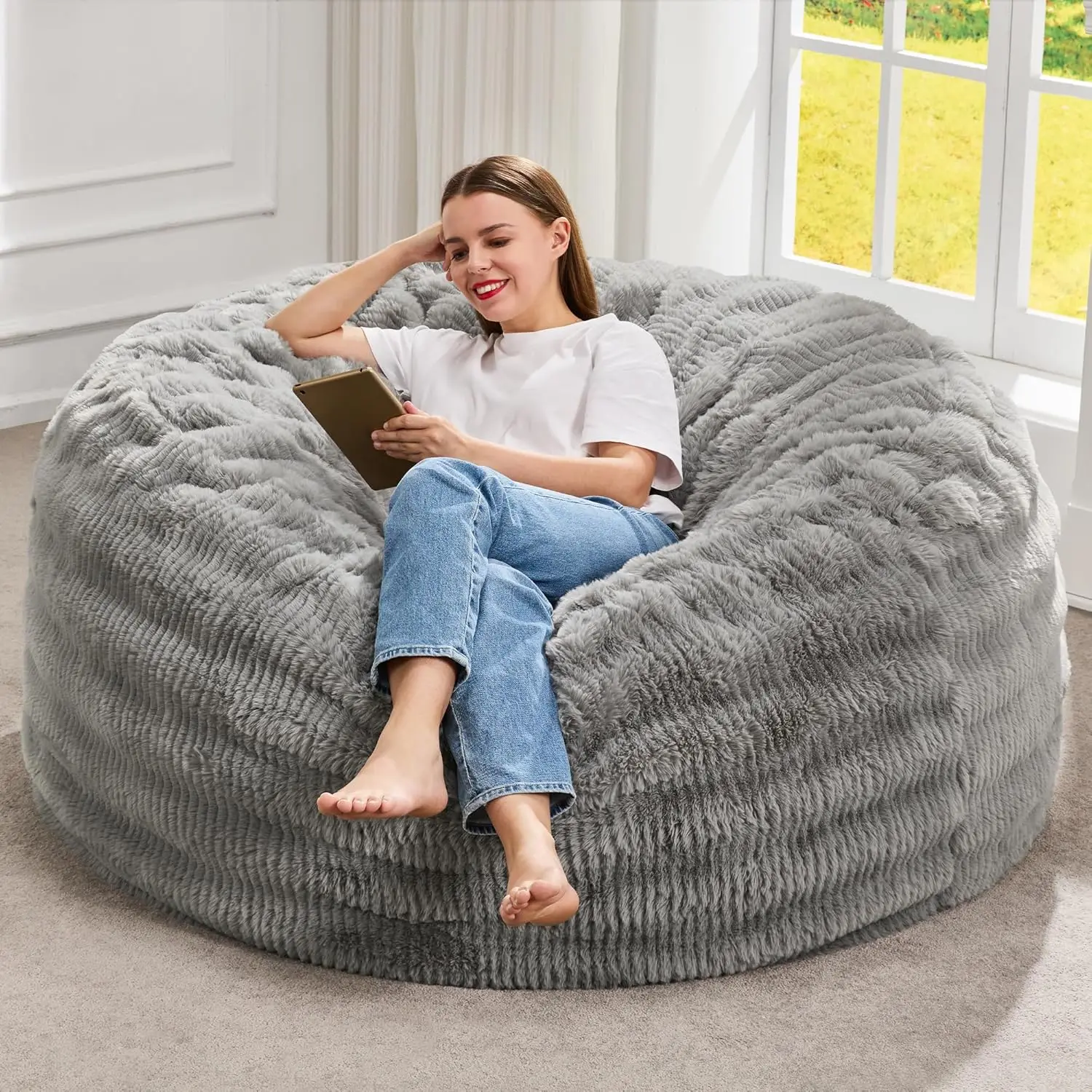 Giant Memory Foam Bean Bag Chair with Fluffy Cover, 4FT Size for Adults in Grey