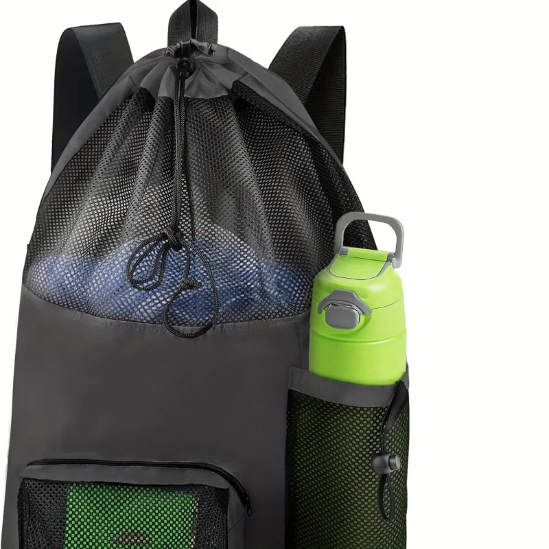Outdoor Sports Mesh Drawstring Backpack, Drawstring Closure Gym Swimming Storage Bag With Independent Water Bottle Pocket, Porta