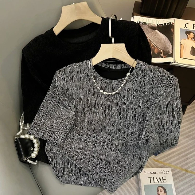 

Fashion All-match O-neck Sparkling Silk Tops Mujer 2025 Summer New Oversize Tee Shirt Y2k Short Sleeve Loose T-shirt for Women