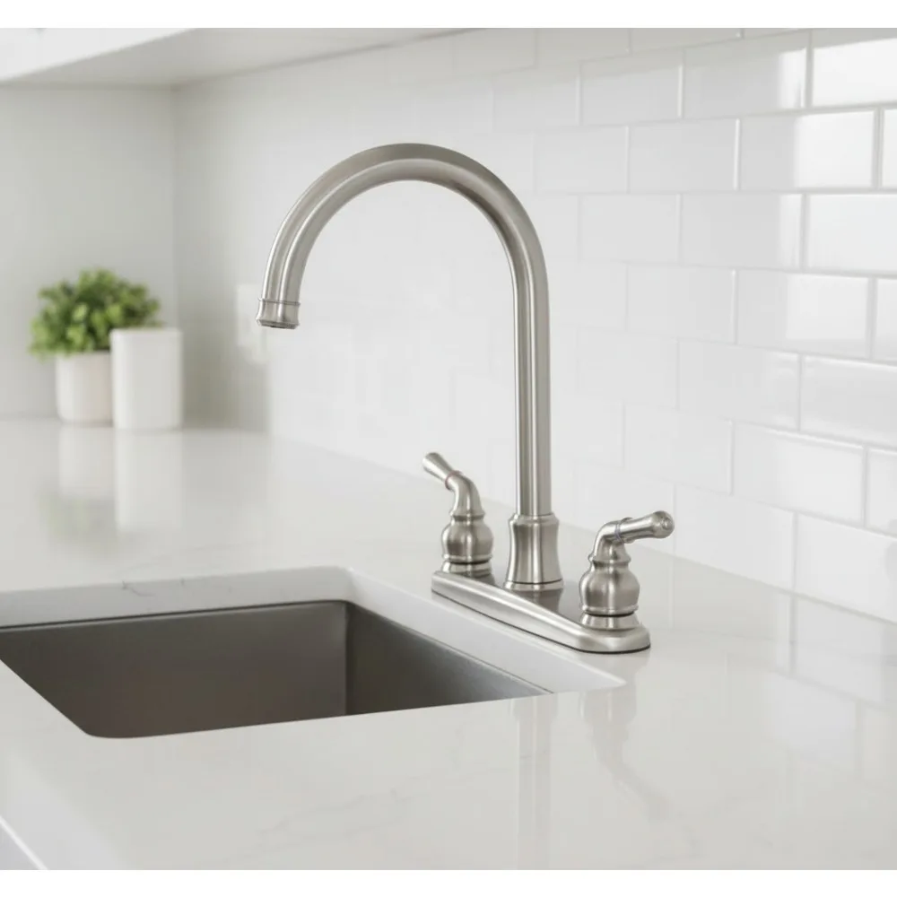 

8-Inch Centerset Kitchen Faucet with Sprayer, Brushed Nickel Finish, Easy Installation for Modern Homes