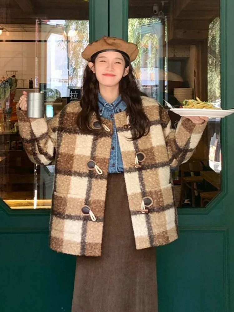 

Zoki Vintage Faux Woolen Plaid Coat Women Fall Winter Long Sleeve Sweet Jacket Retro Preppy Style Korean Elegant O Neck New Tops