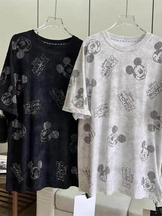 

Heavy Duty Sparkling T-Shirt Women's Summer Fashionable Short Sleeve Diamond Embellished Top plus Size Cute Design