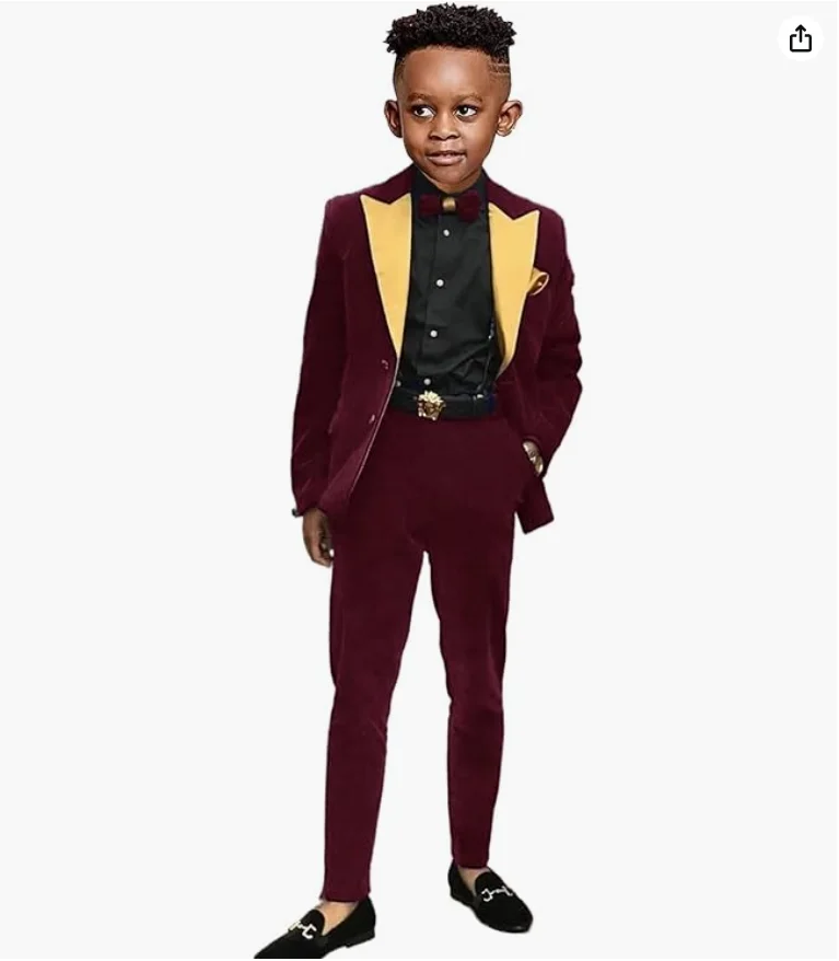 Suit for Boys Wedding Tuxedo Burgundy Velvet Blazer Set Gold Lapel Kids Jackets Pants Vest Fashion Clothes Custom Outfits