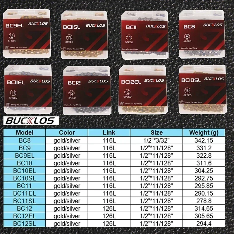 BUCKLOS 10 فولت 11 فولت سلسلة دراجات 8/9/10/11/12 سرعة L/EL/SL سلسلة ل شيمانو 116/126 ربط سلسلة الدراجة الفضة/الذهبية الجبلية الحالية