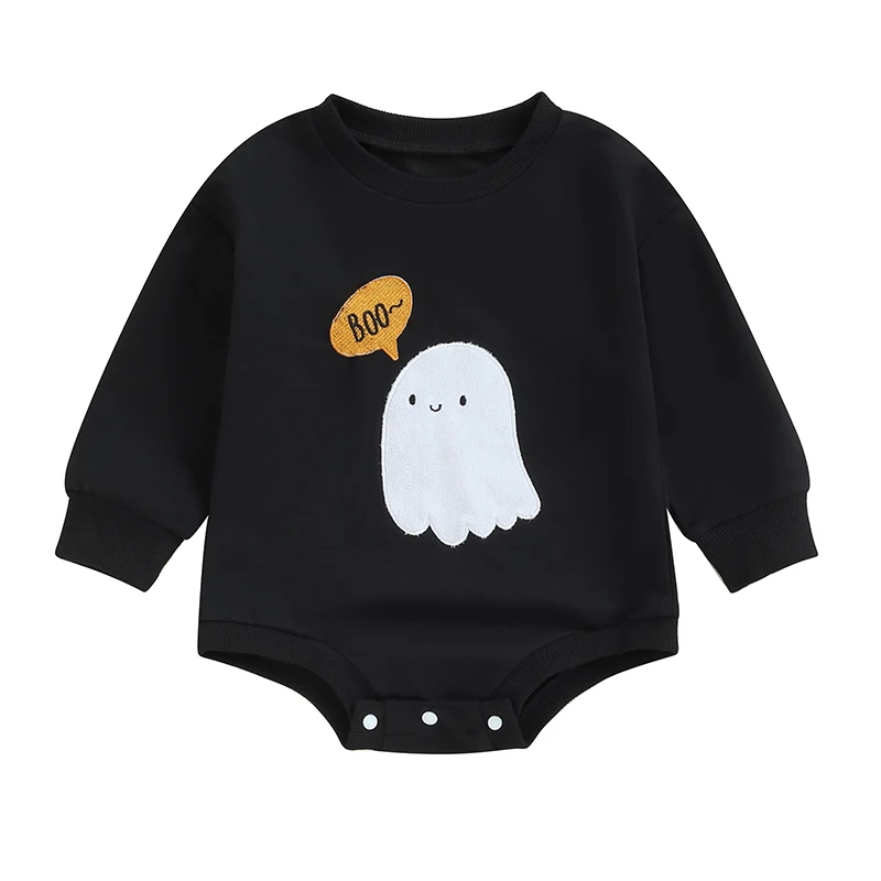 

Baby Girls Boys Sweatshirts Rompers Halloween Clothes Fuzzy Letter Ghost Embroidered Long Sleeve Toddler Fall Bodysuits