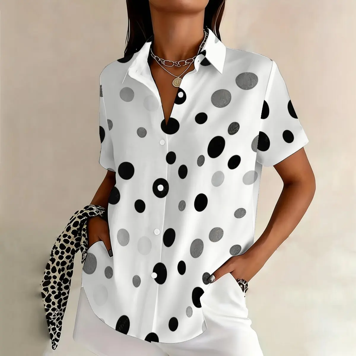 

Simple and personalized polka dot print summer women's plus size lapel short sleeved shirt fashionable daily versatile top
