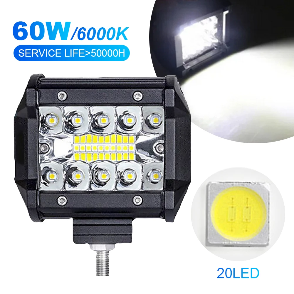 4 Inch Car LED Light Bar 60W 20 LED LED Work Light IP68 Waterproof Flood Spotlight for Jeep Truck Car Motorcycle Tractor SUV ATV