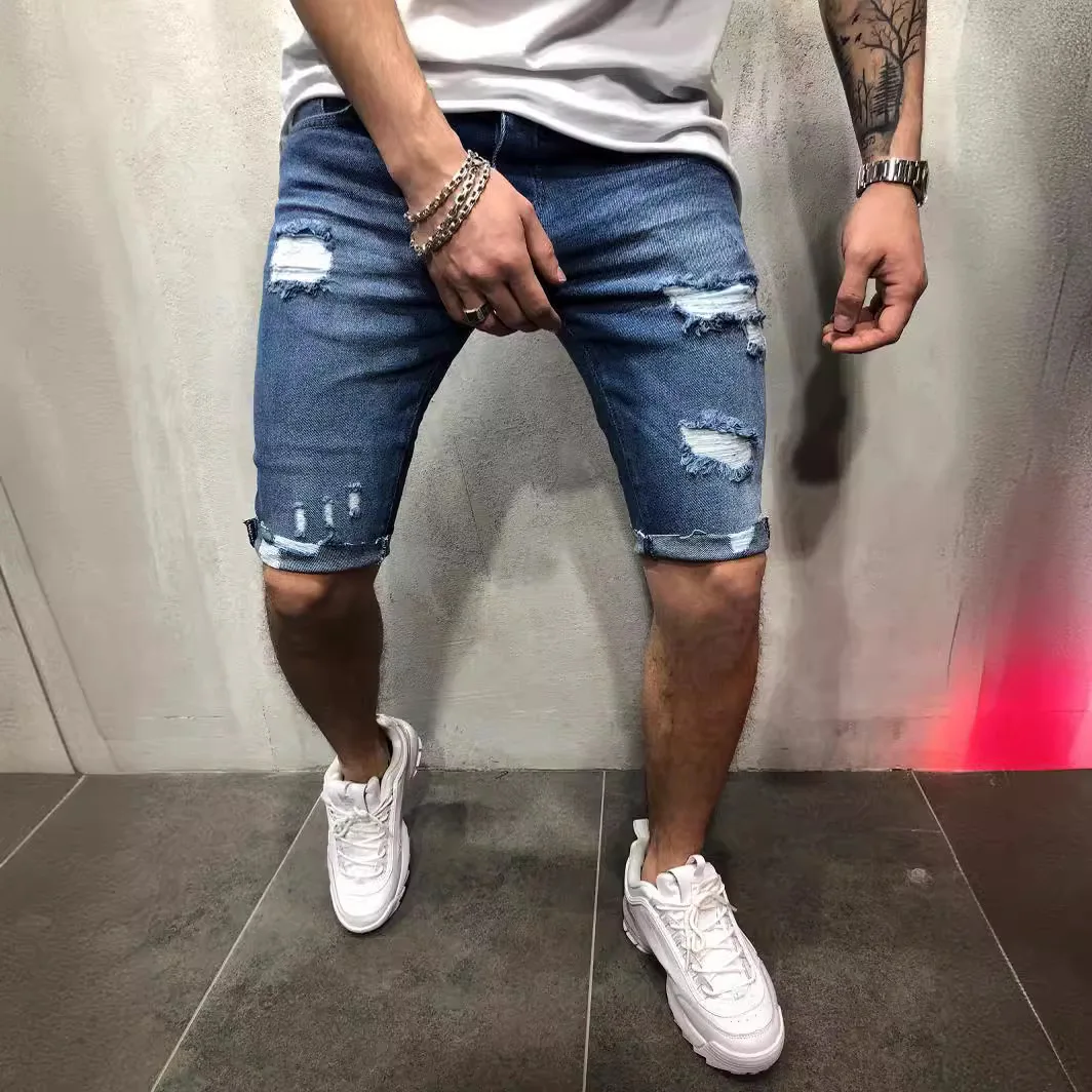 Summer Ripped Jeans Skinny Denim Shorts for Men with Distressed Ripped Cat Whiskers Hip Hop Streetwear Short Pants Men's Pants