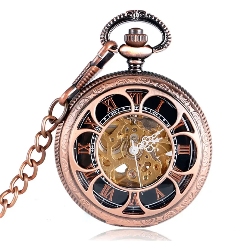 Red Copper Hollow Out Pumpkin Mens Womens Auto Mechanical Pocket Watches Roman Number Dial Pendant Chain Skeleton Clock Gift