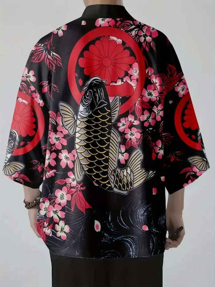 Crane Print Casual Loose Cardigan Short Sleeve Japanese Cardigan Kimono Classic Traditional Street Trend Fashion Cardigan Kimono