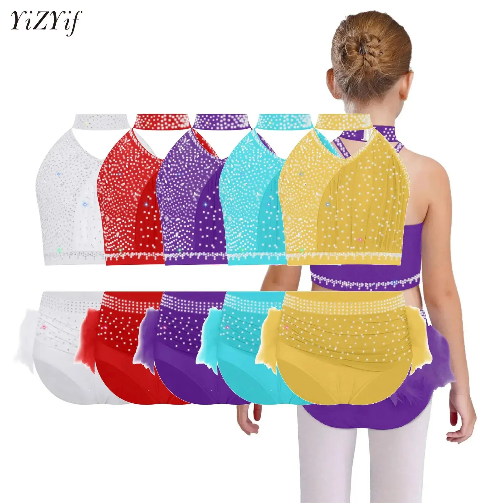 

Kids Girls Modern Dance Set Rhinestones Crop Top with Feather Briefs Outfit for Lyrical Ballet Contemporary Performance Costumes