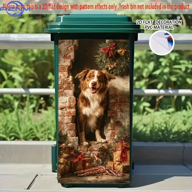 of 2D/Flat Dog Design Stickers for Dustbins, Featuring a Christmas Fireplace Pattern. The Size Is 14.57×32.28 Inches, Made of