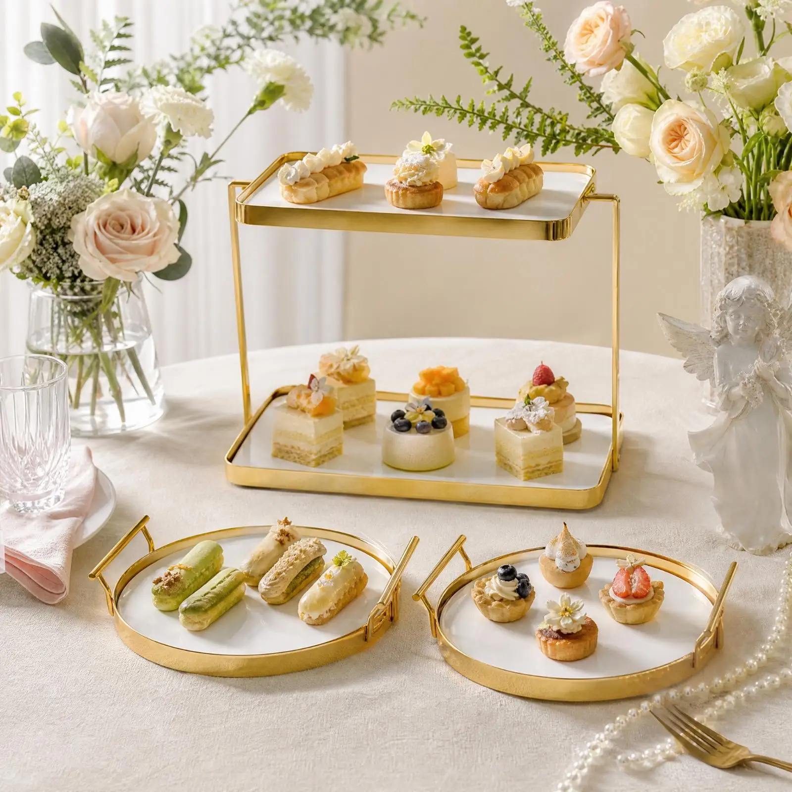 Decorative Ceramic Pastry Stand with Gold Handles for Serving Cakes at Celebrations