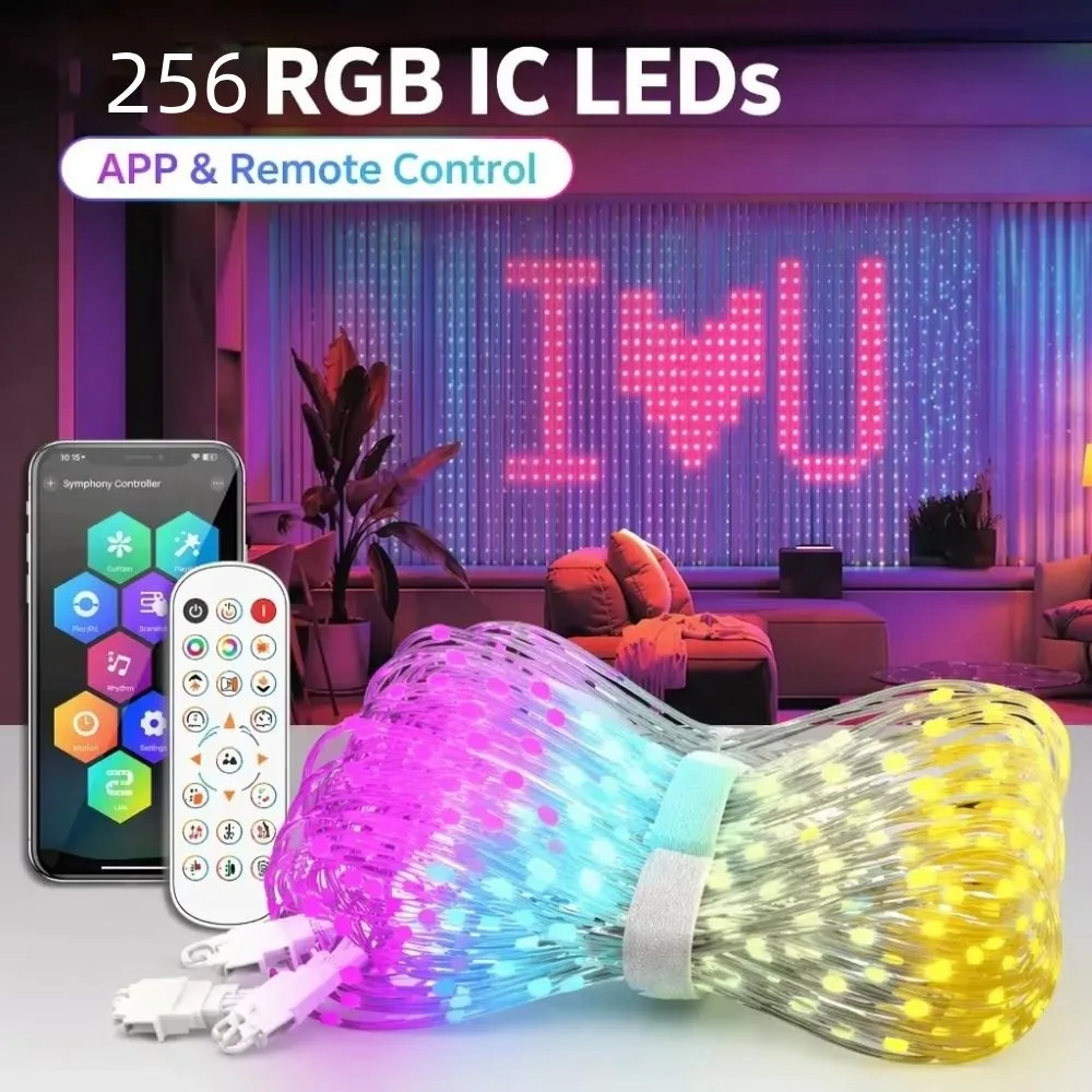 APP Controlled Fairy String Lights Music Sync DIY Pattern RGB Pixel Lights Timer Function 256Led LED Curtain Lights