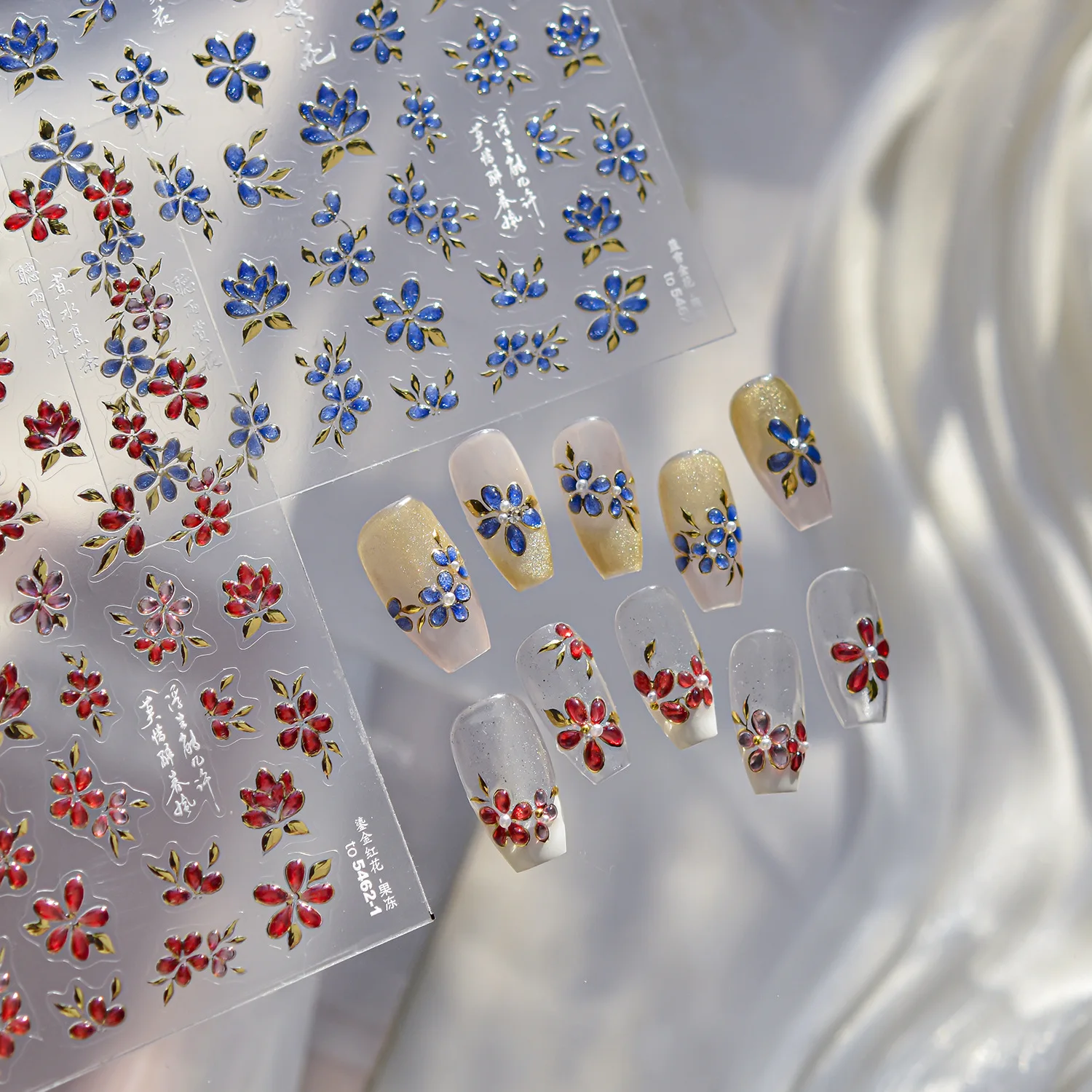 젤리 네일 스티커 반짝이는 얼음 투명 금박 레드 플라워 네일 참 스티커 접착식 네일 아트 액세서리 데칼