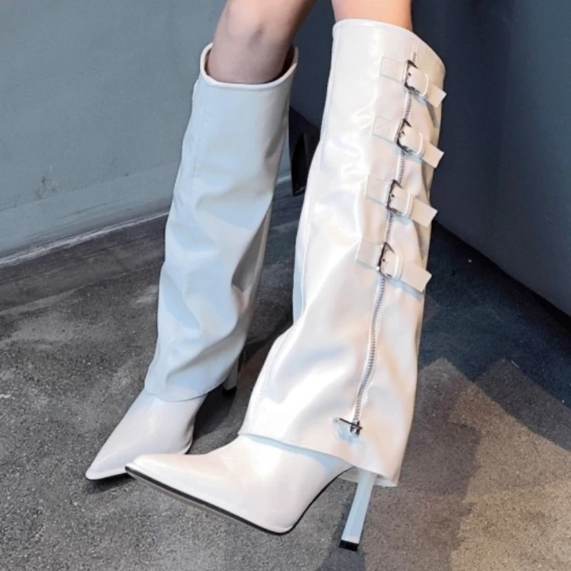 

Женские высокие сапоги-гладиаторы в стиле панк, 2024, трендовая женская обувь с острым носком, новые зимние дизайнерские мотоциклетные ботинки со средней трубкой и толстой подошвой