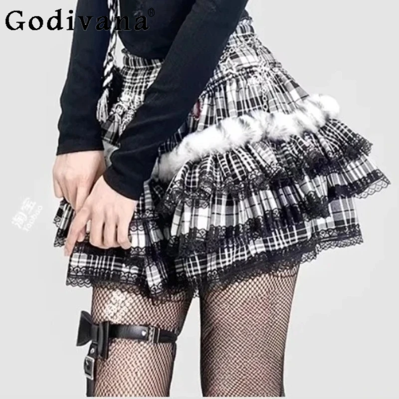 Personalized Subculture Black Plaid Cake Skirt Lace Autumn Winter Pleated Fashion Elastic Waist A-line Splicing Street Skirts