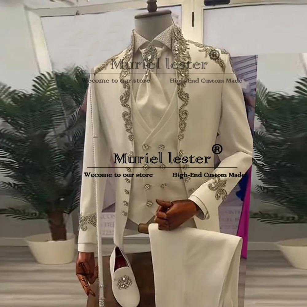 

Роскошные мужские костюмы, серебряные драгоценные камни, расшитые бисером, смокинги для жениха, индивидуальные мужские костюмы из трех предметов, торжественное свадебное платье traje de hombre 2025