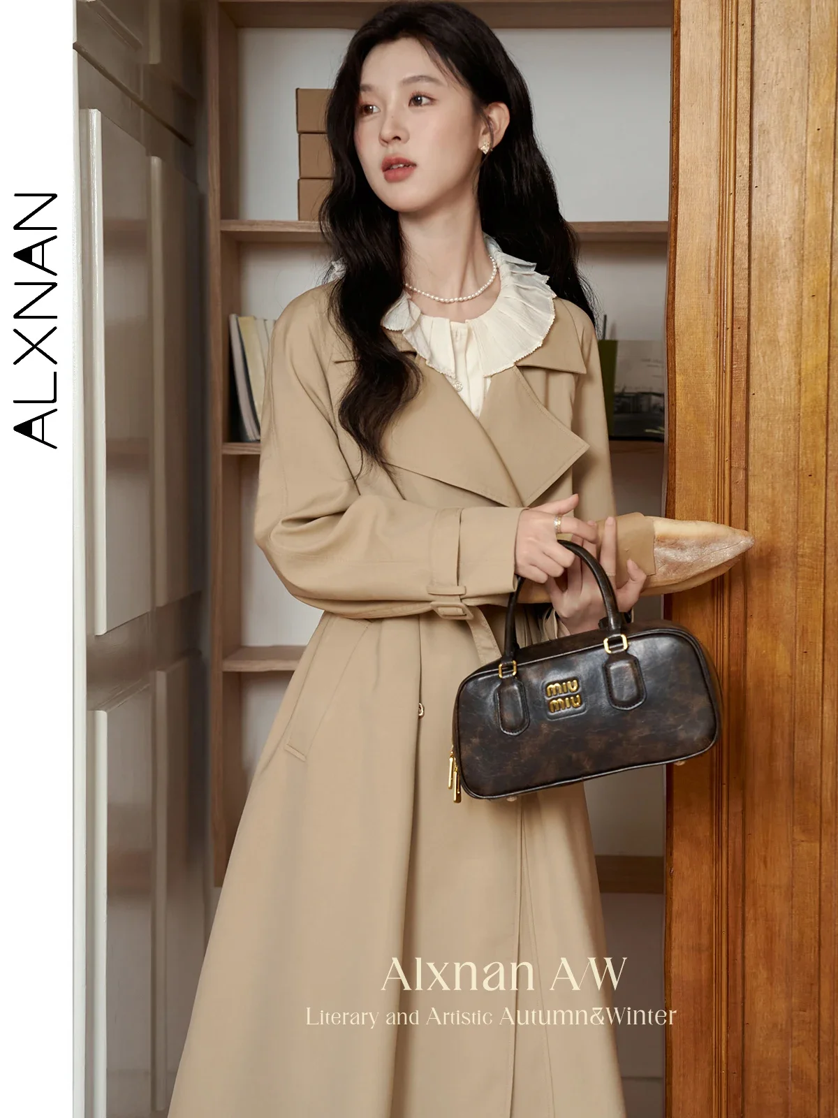 Alxnan feminino cáqui longo trench coat 2025 outono inverno terno colarinho manga raglan camélia metal botão casaco l39622