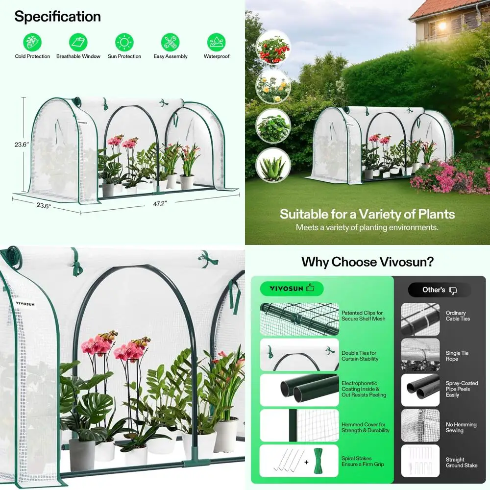 

Compact 47x23x23-Inch Greenhouse Tunnel with Zippered PE Cover for Indoor/Outdoor Plant Cultivation, White