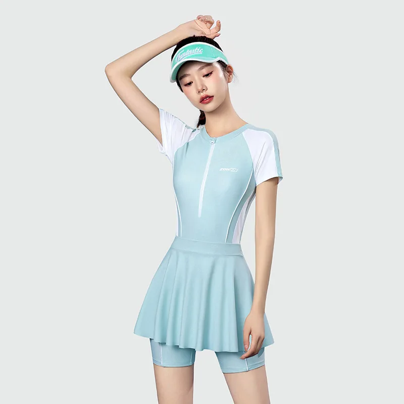 Women Sexy Sun Protection Front Zipper Outdoor Beach Surfing SwimSuit Athletic 2 Pieces Short Sleeve Bathing Swim Skirts+Trunks
