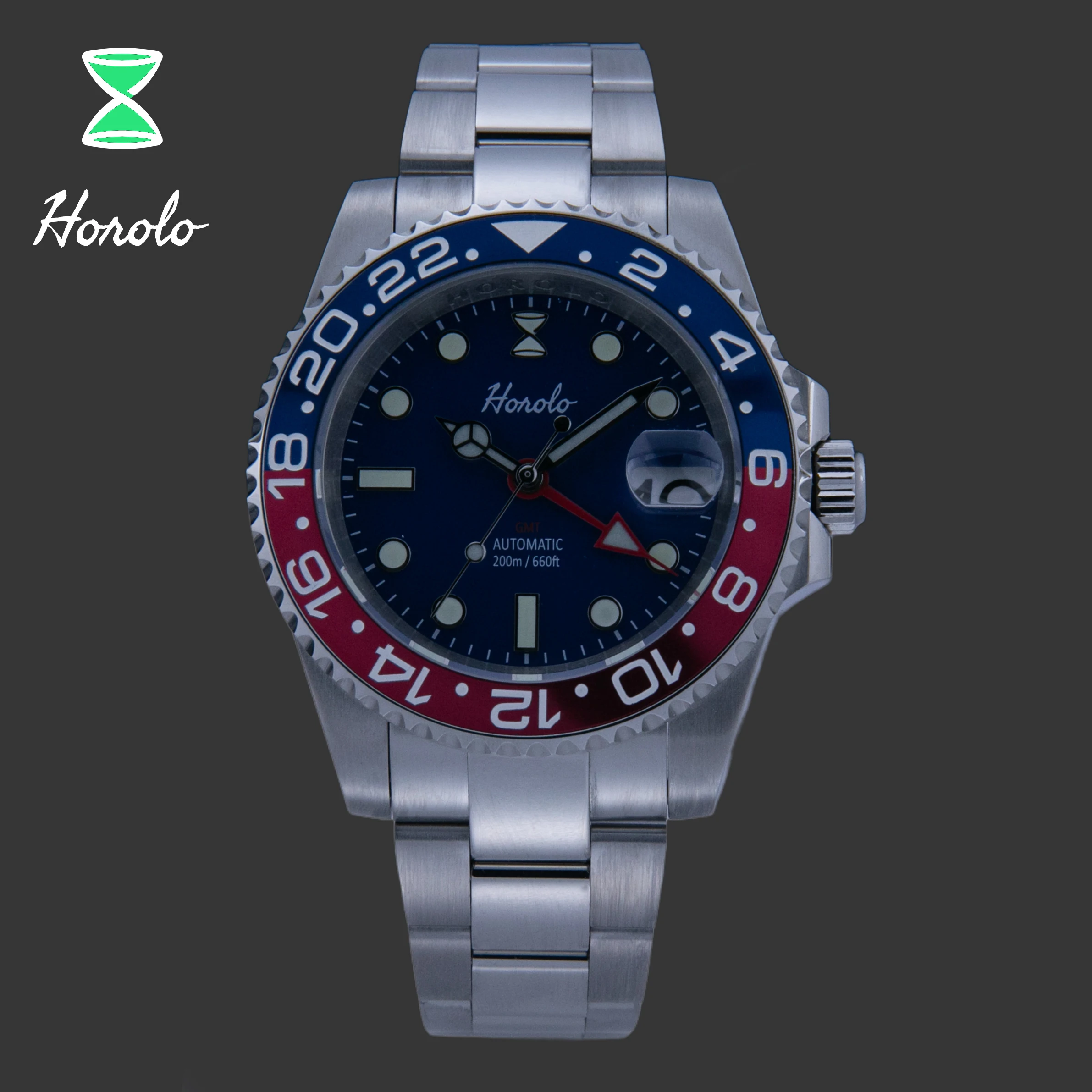 

Мужские автоматические часы Horolo, японский механизм NH34 GMT, 200 м, водонепроницаемые, светящиеся, из нержавеющей стали, часы 316L, HRLS6007G1