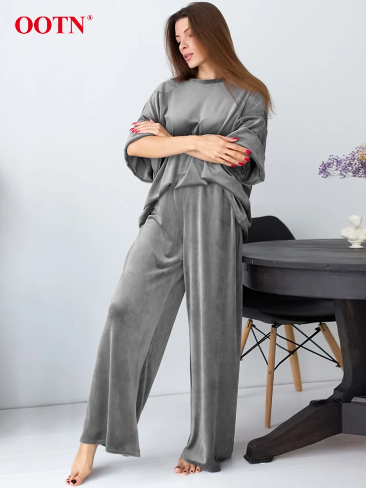 OOTN Winter Velvet Home Wear Suits 2024 Casual O Neck Short Sleeve TShirts High Waist Long Pants Two Piece Sets Women Spring