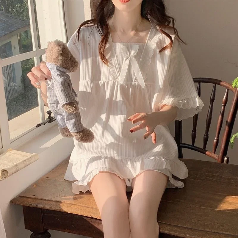 Palace Style Pajamas Ladies Summer Loungewear Set Short-Sleeved with Cushion Korean Small Sweet Girlfriends Loungewear Set