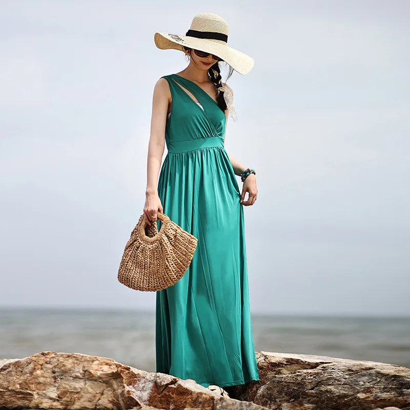 

Sexy high-waisted slit temperament dress, women's slanted shoulder backless sleeveless long dress, fashionable simple and elegan