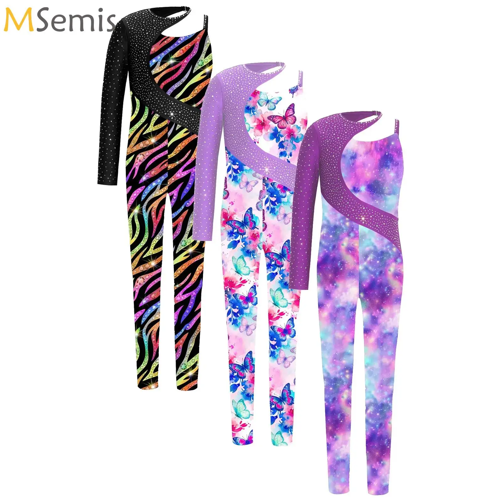 

Big Girls Acrobatics Gymnastics Leotards Figure Skating Tights Single Sleeves Rhinestones Workout Jumpsuit Performance Costume