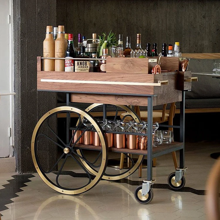 Luxury Wooden Food Trolley Silver Bar Cart Hotel Restaurant Custom Metal Bar Cart Modern Drinks Trolley Wedding Bar Cart