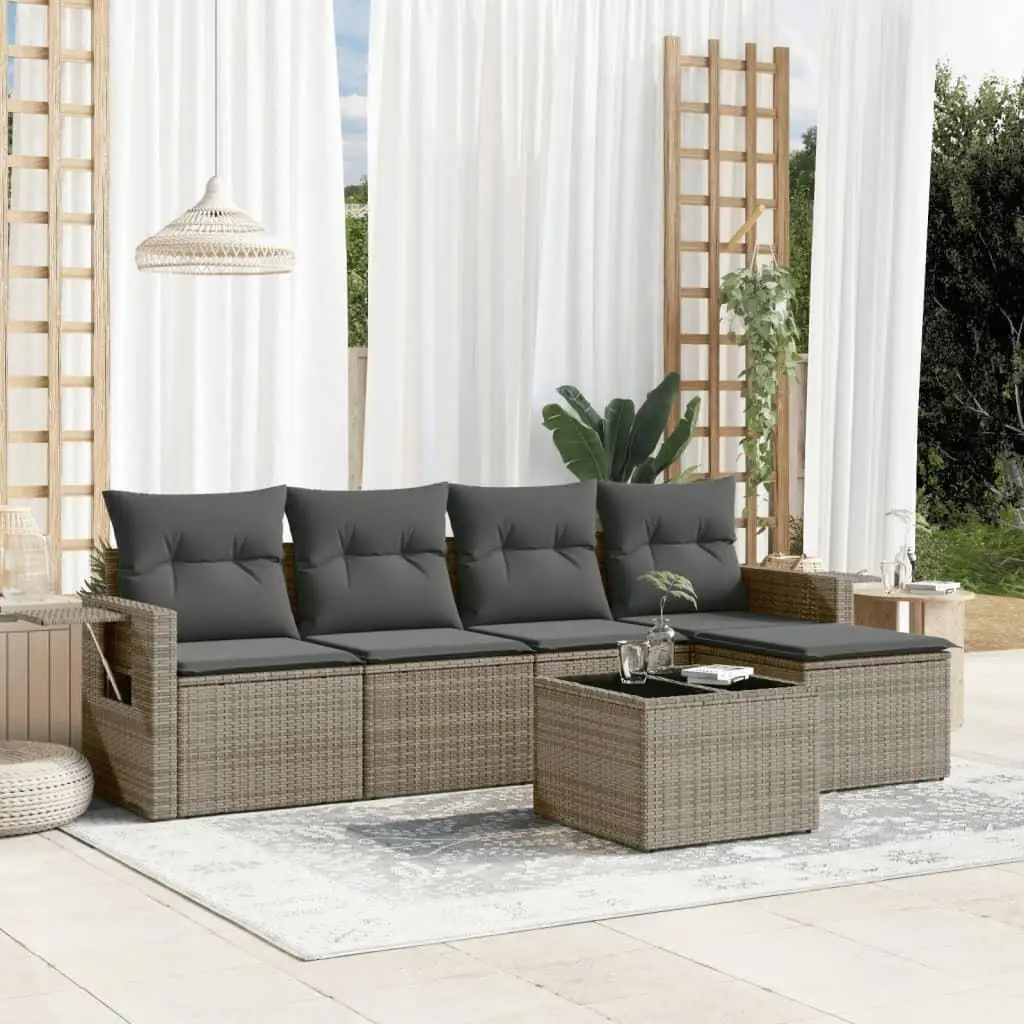 

Grey PE Rattan Garden Sofa Set with Steel Frame Tempered Glass Top and Soft Polyester Cushions Outdoor Furniture