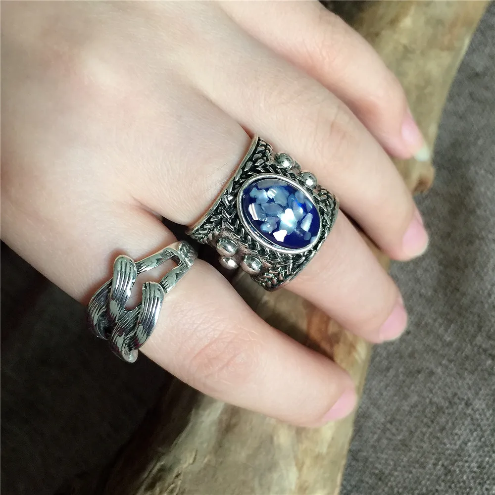 Vintage Rings for Women Bohemian Carved Setting Opal Black Agate Antique Silver Plated Beach Jewelry Ethnic Ring