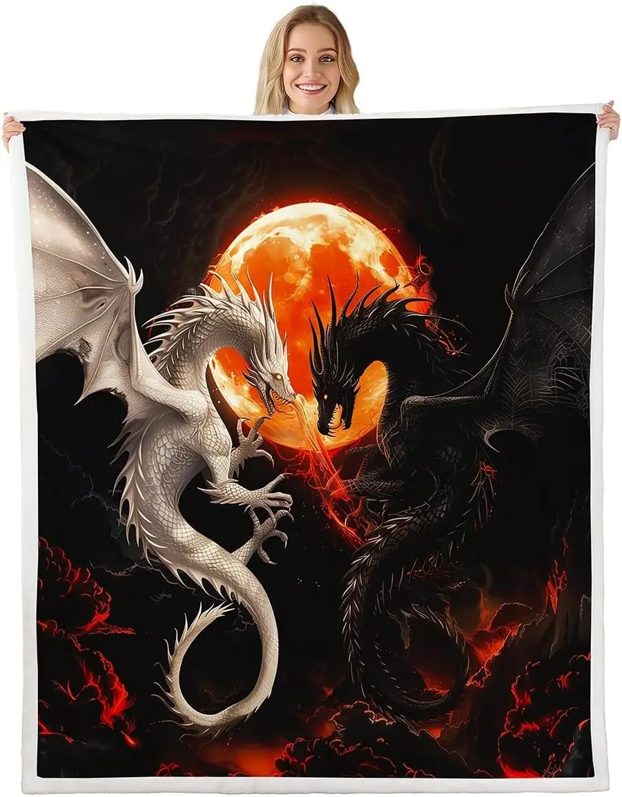 Black and White Dragon Fleece Blanket,Gothic Style Dragon Blanket Throw for Kids Boys,Western Mythical Blankets and Throws