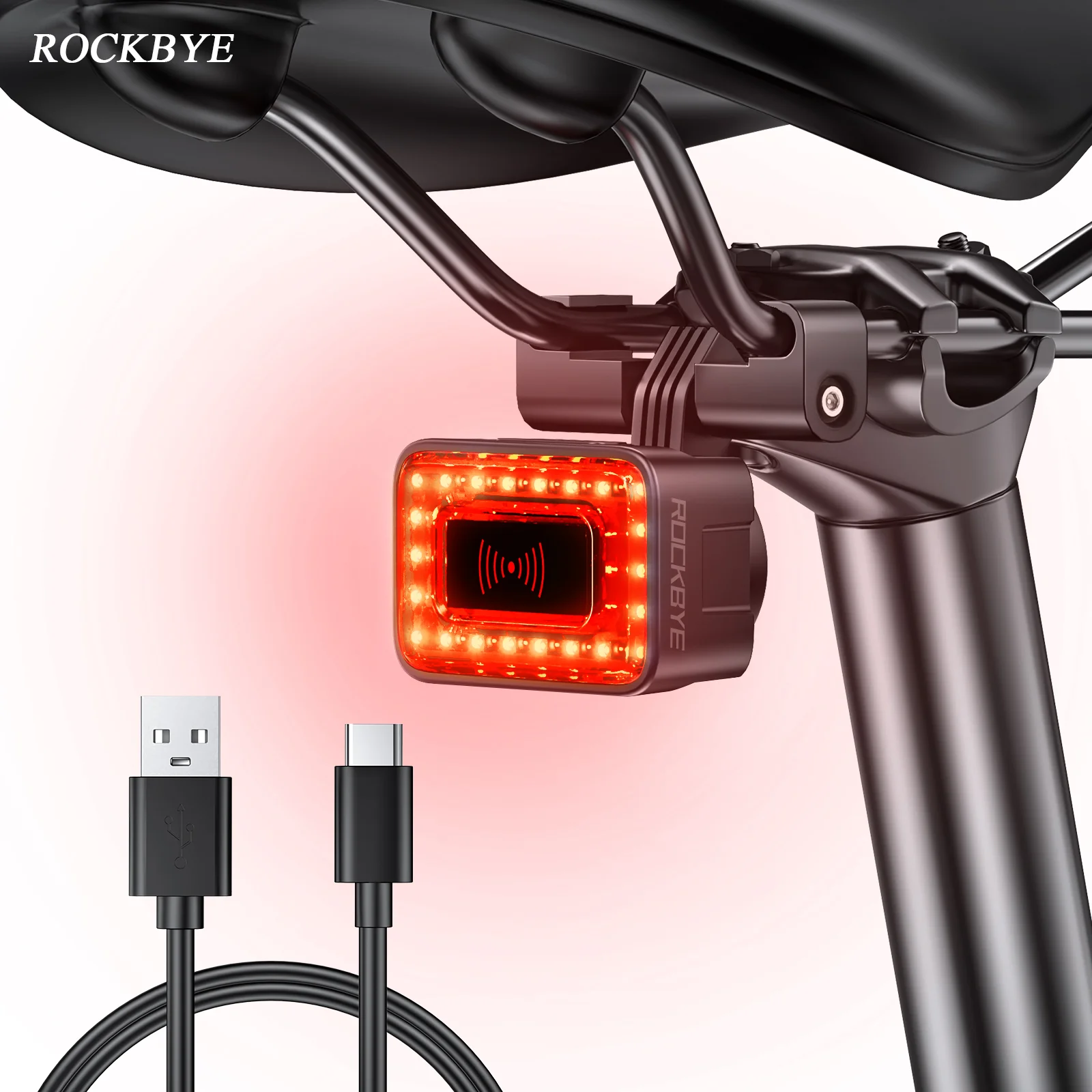 

Rockbye Bike Radar Tail Light IPX64 Waterproof LED Bicycle Radar Rear Light Type-C Rechargeable Warning Light for Cycling Safety